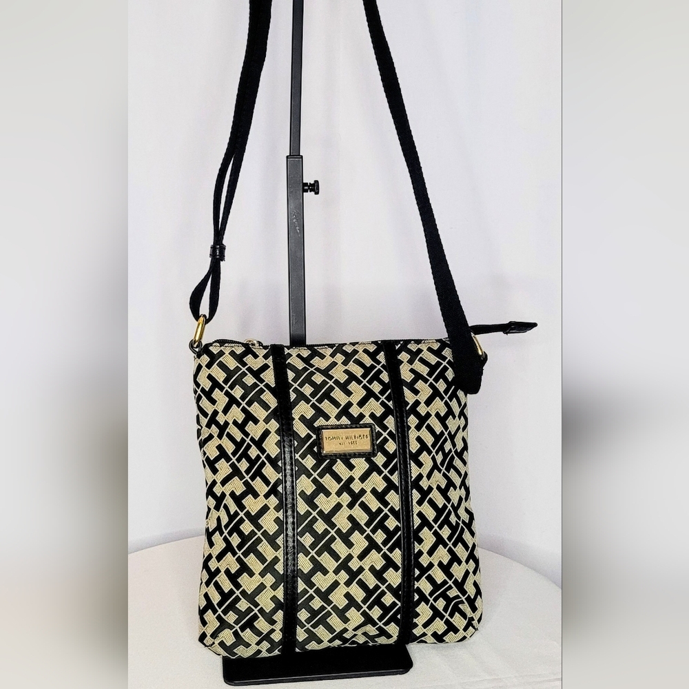 Tommy Hilfiger Black & Cream Monogram Crossbody Bag | Adjustable Strap